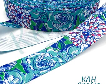 Hydrangea Rose Flowers Leaves Garden Blue Green Pink 7/8" Grosgrain Ribbon