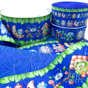 USDR Funny Birds Blue Swirl Cinta de grosgrain de doble cara que elija el ancho