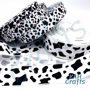 Ruban gros-grain noir et blanc à motif vache, largeur au choix