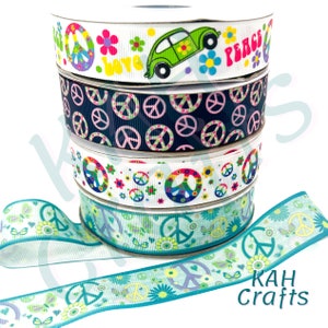 Nastro grosgrain con simboli di pace e amore da 7/8" o 1" a scelta