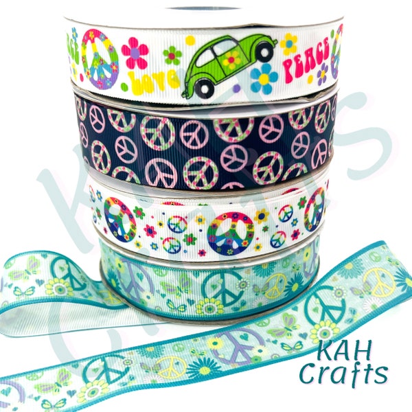 Peace Signs Love Bug 7/8" or 1" Grosgrain Ribbon You Choose