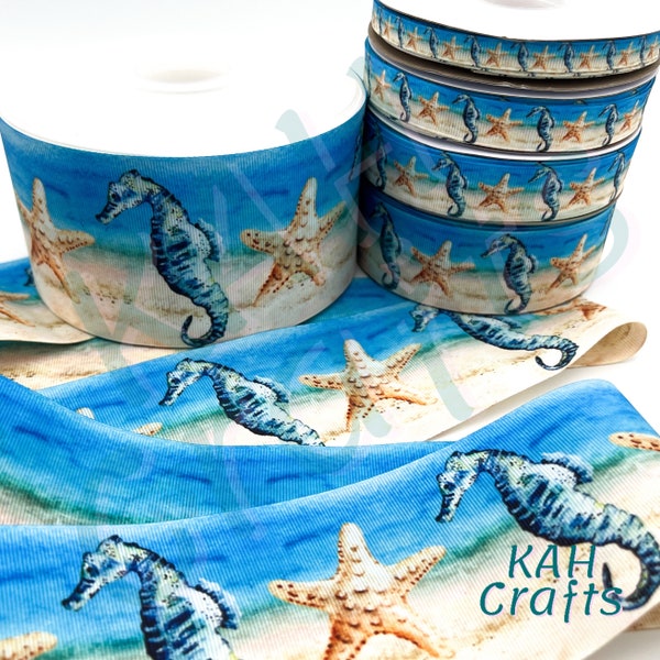 USDR Seahorse Starfish Beach Sand Water Sky Single or Double Sided Grosgrain Ribbon You Choose Width