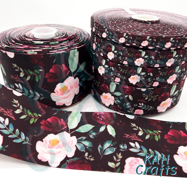 Burgundy Pink Roses Flowers on Black Grosgrain Ribbon You Choose Width