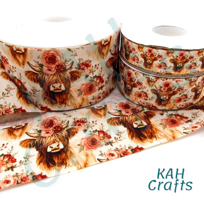 Cow Ribbon Ramo Highland Cow Boho Flowers Single Sided Grosgrain Ribbon You Choose ...