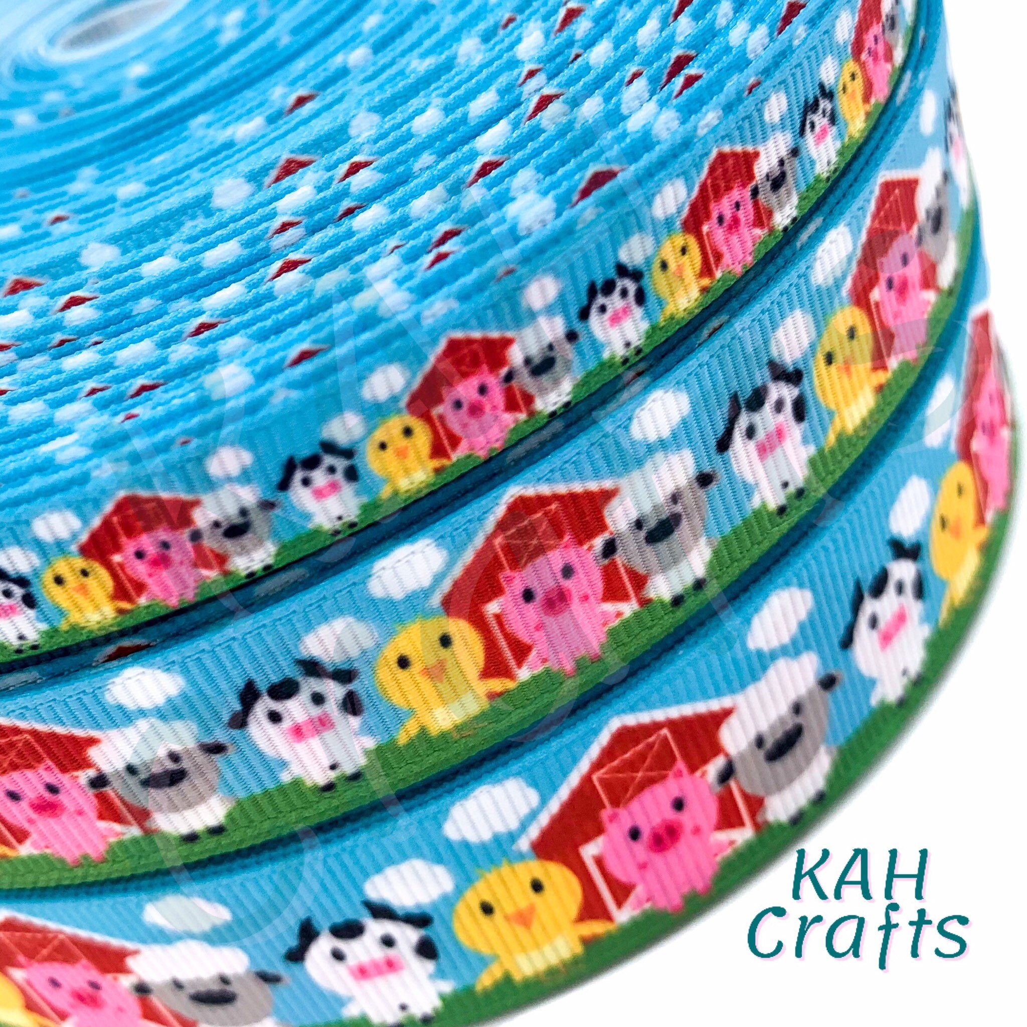 Barn Ribbon Barnyard Animal Cow Sheep Pig Chick Grosgrain Ribbon You Choose Width ...