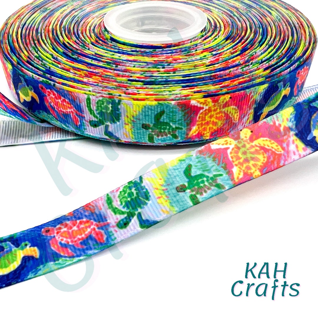 7/8 Inch Grosgrain Ribbon - Fish Ocean Sea Print - Sold By The Yard
