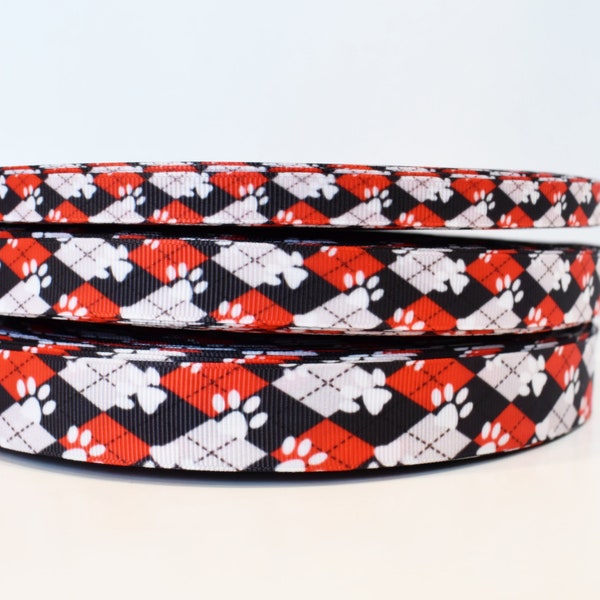 USDR Argyle Paw Print Red Black White Grosgrain Ribbon You Choose Size