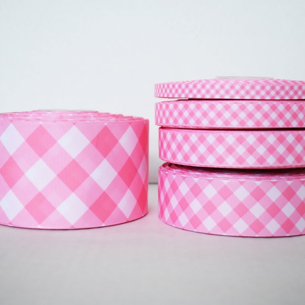 Pink Gingham Diagonal Buffalo Plaid Grosgrain Ribbon You Choose Width