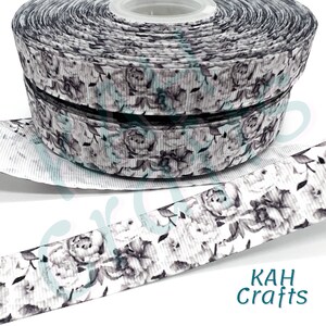 Black and White Roses Flowers Grosgrain Ribbon You Choose Width