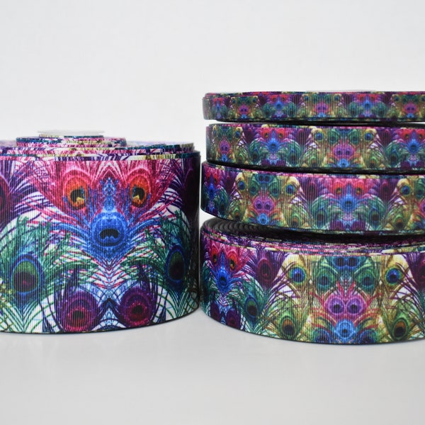 Peacock Feather Rainbow Grosgrain Ribbon You Choose Width