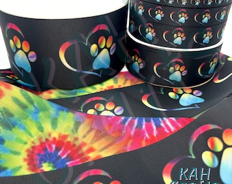 USDR Rainbow Heart Paw Print Grosgrain Ribbon Single or Double Sided You Choose Width