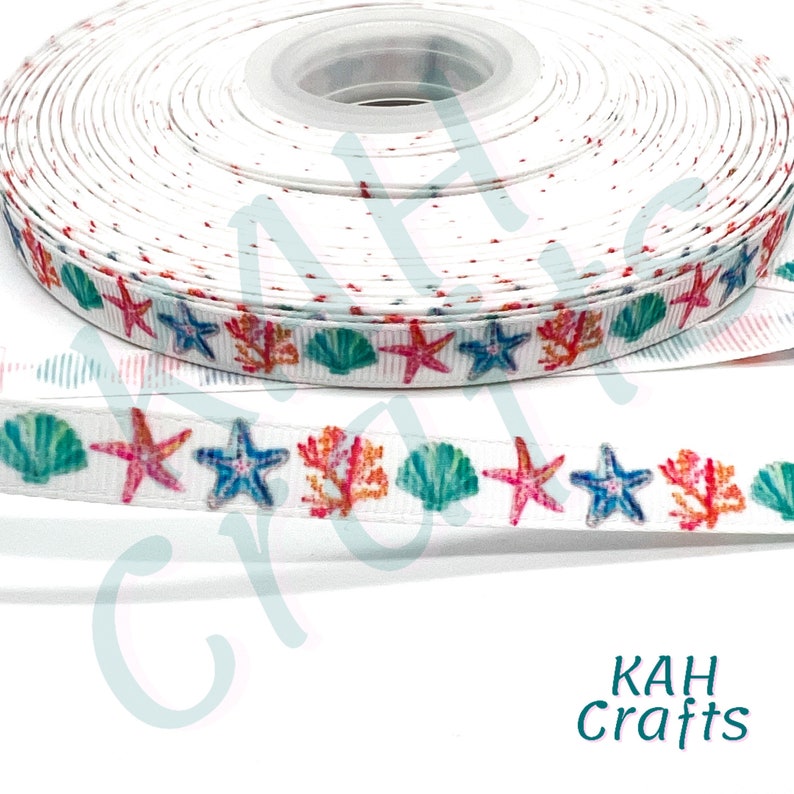 Strandkorb Ribbon Beach Seashells Starfish Sand Dollar Grosgrain Ribbon You Choose Width ...