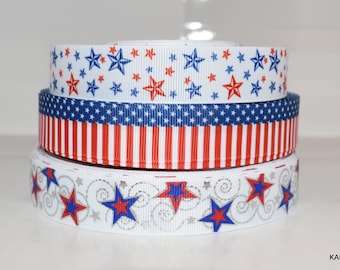 4th of July Stars USA Flag America 7/8" Grosgrain Ribbon You Choose