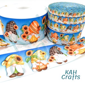 USDR Sunflower Gnomes Blue Ombre Backing Grosgrain Ribbon You Choose Width
