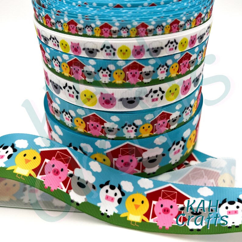 Barn Ribbon Barnyard Animal Cow Sheep Pig Chick Grosgrain Ribbon You Choose Width ...
