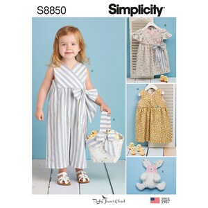 May include: Simplicity sewing pattern S8850 featuring children's clothing. The image shows a little girl wearing a blue and white striped jumpsuit with a bow. Other views include dresses and a basket with chicks and a stuffed bunny.