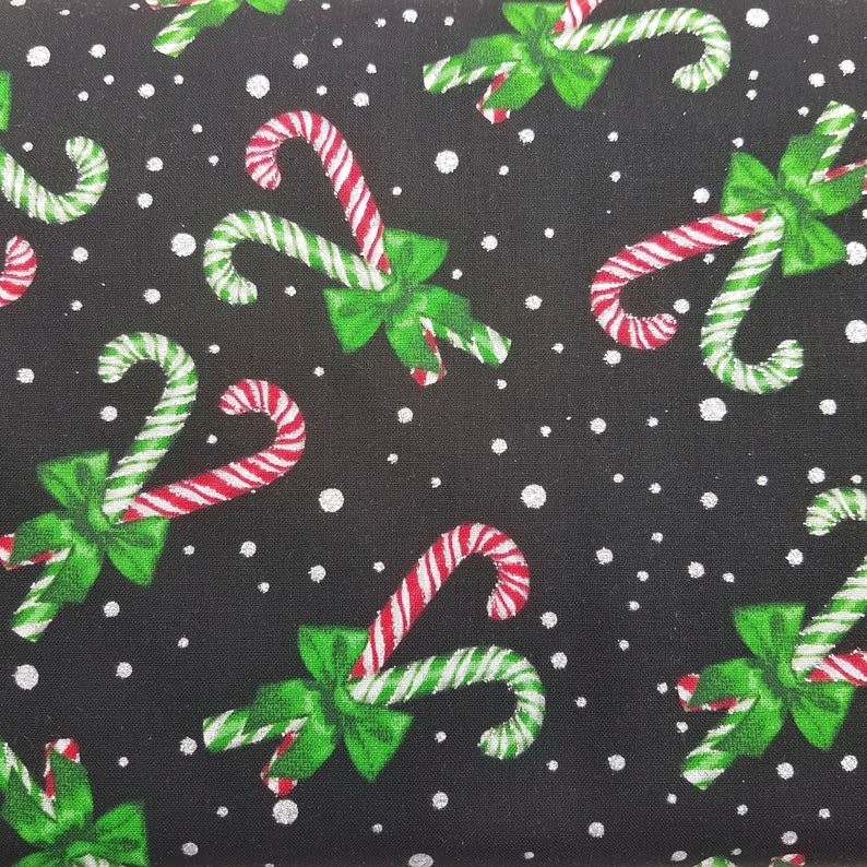 Christmas Candy Canes with Dots Fabric HF2004 12 Yard Large Print NEW Fabric BTHY Black with Silver Highlights