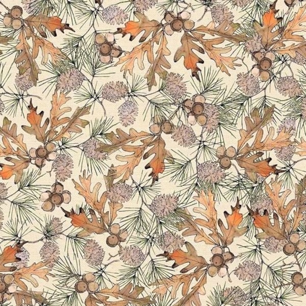 Fall Autumn Oak Leaves Fabric, Acorns and Pine Cones, Outdoors. Cabin Lodge, Harvest Time, Thanksgiving, 28 Inches - NF4547