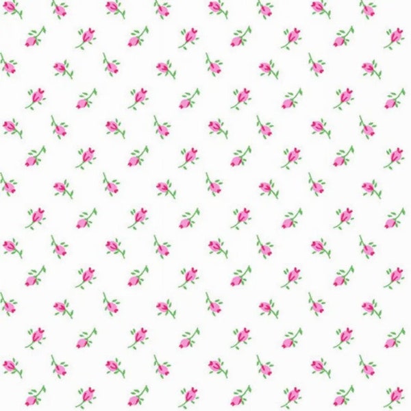 Pink Rosebud Floral Flannel Fabric, Small Rosebud Print on White, 1980s Style, NEW Quality Flannel Fabric BTHY - 1/2 Yard - FF4858