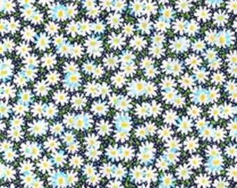 Navy Daisy Floral Fabric, White Daisies on Navy Blue, Medium Sized Print, Very Rare New OOP Fabric BTHY - Per HALF Yard - NF4884