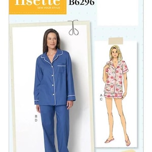 May include: A woman wearing blue pajamas with white trim, a long-sleeved button-down shirt, and matching pants. The image also shows a pattern for a short-sleeved floral pajama set. The text "lisette" and "B6296" are visible.
