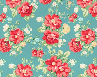 Pioneer Woman Floral Fabric, Multi Color Floral on Turquoise, Large Sized Rose Print, Very Rare New OOP Fabric BTHY - Per HALF Yard - NF4684