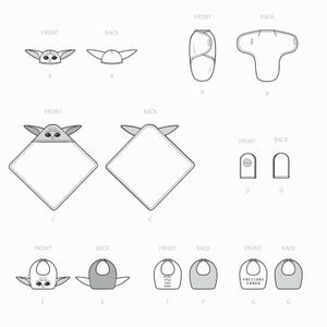 May include: Line drawings of baby items, including a swaddle, bibs, and a hooded towel, all featuring a character design. The bibs have text that reads "PROTECT SNACK REPEAT" and "PRECIOUS CARGO".