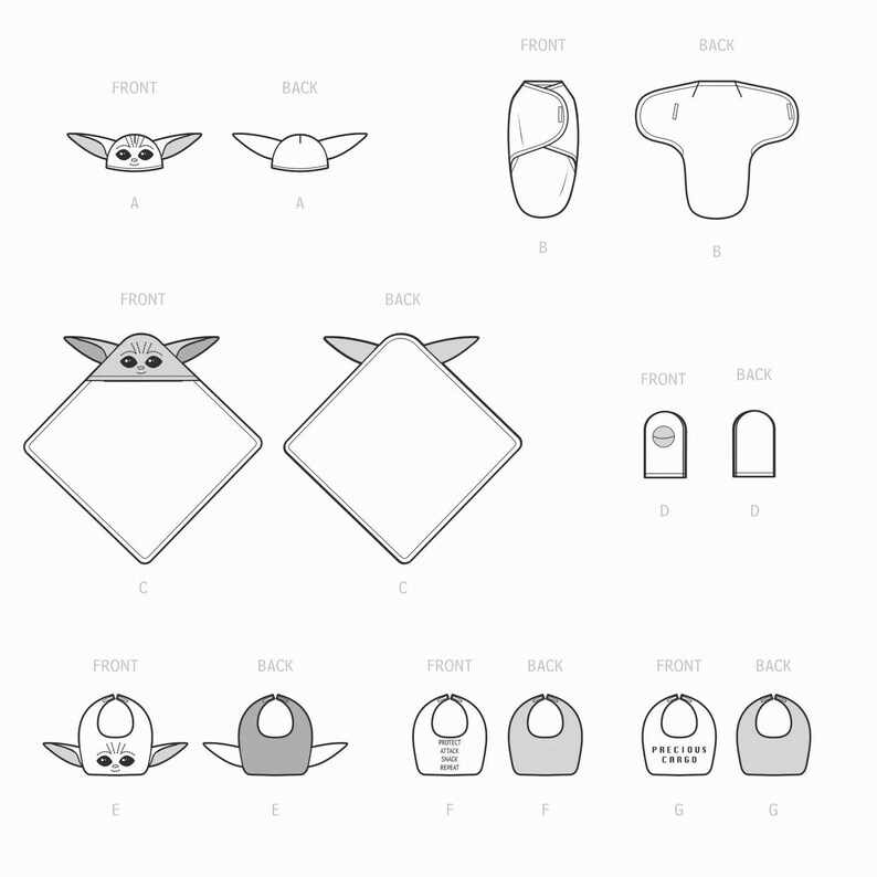 May include: Line drawings of baby items, including a swaddle, bibs, and a hooded towel, all featuring a character design. The bibs have text that reads "PROTECT SNACK REPEAT" and "PRECIOUS CARGO".