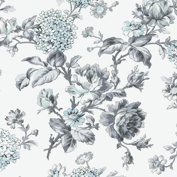 Floral Fabric, Roses Hydrangeas, Gray Light Aqua Blue Floral Print White, Nostalgic Floral, NEW Lightweight Fabric BTHY - 1/2 Yard - NF4390