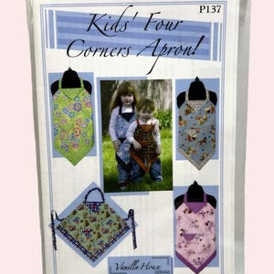 May include: A package featuring a sewing pattern for Kids' Four Corners Aprons. The design includes images of aprons in various patterns, including floral, animal, and geometric prints. The Vanilla House Designs logo is visible.