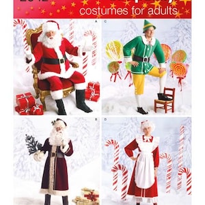May include: Simplicity costumes for adults pattern featuring Santa Claus, an elf, and Mrs. Claus. The costumes are red, green, and white, with candy cane props. The pattern number is 2542.
