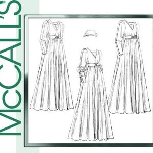 May include: A line drawing of three long dresses with empire waists and long sleeves, and a matching bonnet. The dresses feature different sleeve styles and embellishments. The McCall's logo is in the upper left corner.