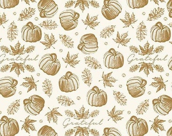 Fall Pumpkins Leaves Fabric, Gold Fall Symbols on Cream, Shades of Autumn, Riley Blake, New OOP Fabric BTHY - Per HALF Yard - NF5634