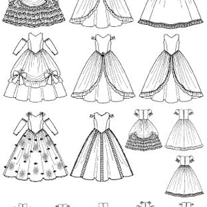 Pode incluir: Uma cole&ccedil;&atilde;o de desenhos a tra&ccedil;o em preto e branco de v&aacute;rios vestidos de baile. Os vestidos apresentam diferentes estilos de corpete, comprimentos de manga e designs de saia, incluindo op&ccedil;&otilde;es com babados, plissadas e adornadas. Adequado para recria&ccedil;&otilde;es hist&oacute;ricas ou design de figurino.