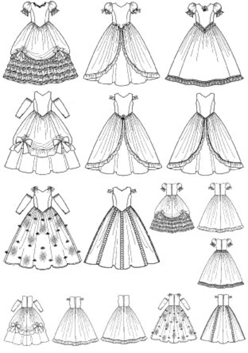 Pode incluir: Uma cole&ccedil;&atilde;o de desenhos a tra&ccedil;o em preto e branco de v&aacute;rios vestidos de baile. Os vestidos apresentam diferentes estilos de corpete, comprimentos de manga e designs de saia, incluindo op&ccedil;&otilde;es com babados, plissadas e adornadas. Adequado para recria&ccedil;&otilde;es hist&oacute;ricas ou design de figurino.