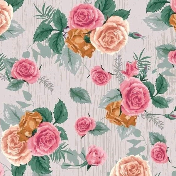 Large Floral Fabric, Antique Roses on Wood, Pink Gray Cream Tan Green, X Large Sized Print, NEW Fabric BTHY - 1/2 Yard - NF4351