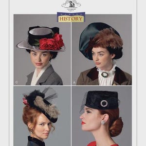 May include: A vintage hat pattern from Butterick, featuring four different hat designs. The hats include a silver-brimmed hat with red flowers, a green hat with feathers, a black hat with a veil and a black hat with a decorative circle.