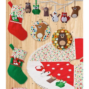 May include: A Simplicity pattern sheet featuring Christmas-themed felt crafts. The image showcases red and green stockings, ornaments, and a tree skirt with various animal designs. The text "8828" and "Simplicity" are visible.