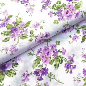 Floral Fabric, Purple Bouquet Lilac Spray, Purple and Green Floral on White, Nostalgic Floral Style, NEW Fabric BTHY - 1/2 Yard - NF4914