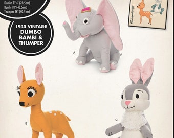 Disney Vintage Pattern, Stuffed Toys, 1945 Dumbo, Bambi Thumper, Simplicity 8542 Reprint, NEW OOP Pattern- NP0284