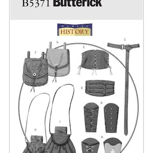 May include: Black and white line drawing of historical costume pieces. Includes bags, a belt, arm guards, and a bodice. The text "B5371 Butterick" is at the top, with "MAKING HISTORY" below.