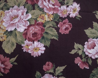 Floral Fabric, Flower Bouquet on BROWN, Cottage Rose by Donna Wilder, X Large Floral Spray Print, OOP Fabric, 1 and 1/3 Yard - CF4150
