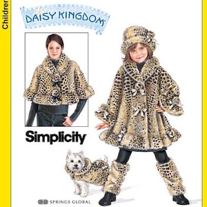 May include: An illustration of children's clothing, showing a girl in a leopard print coat, hat, and leggings, and a dog in a matching outfit. The image includes the text "Daisy Kingdom" and "Simplicity".