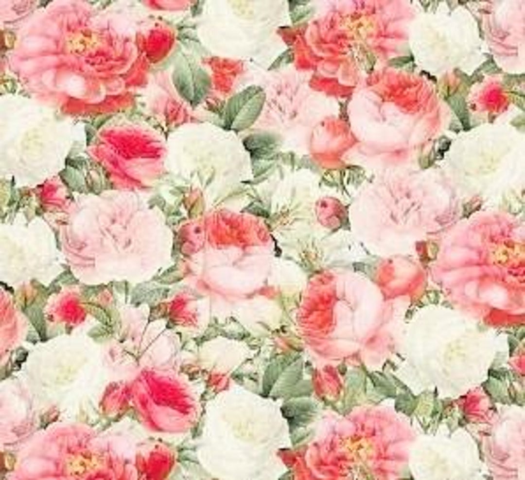 Floral Rose Bouquet Fabric, Large Print, Shabby Chic Pink Red White ...