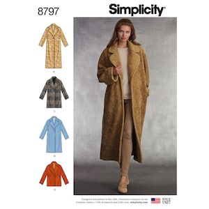 May include: Simplicity pattern 8797 features coat designs. The image shows a woman wearing a long, textured brown coat. The pattern includes illustrations of coats in various colors and patterns, including tan, plaid, blue, and orange. The Simplicity logo and "SINCE 1927" are visible.