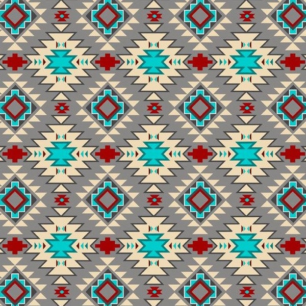 Native American Argyle Fabric, Southwest Style, Aqua, Rust, Gray Cream, Rustic Western, NEW Fabric, 17 Inches - NF4431