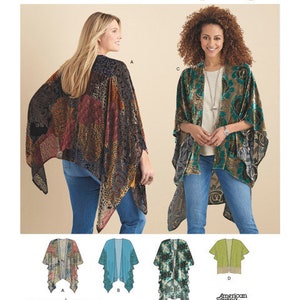 May include: Simplicity pattern 8419 features two women modeling different styles of easy-to-sew shawls. The shawls are in various colors and patterns, including floral and animal prints. The image also includes the American Sewing Guild logo.