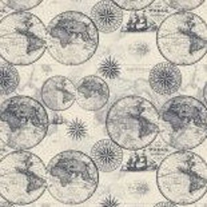 Mariners Compass Fabric, Ocean Maps Print, Vintage Style Design, Shades of Gray on Ivory, NEW Fabric BTHY - 1/2 Yard - NF4203