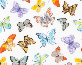 May include: A repeating pattern on a white background featuring various watercolor-style butterflies in shades of blue, yellow, orange, purple, and brown. The butterflies are depicted with detailed wing markings and delicate antennae in a scattered layout.
