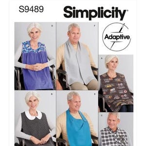May include: Simplicity pattern S9489 features adaptive clothing designs. The image shows several people wearing different styles of adaptive bibs and garments. The bibs come in various colors and patterns, including blue, gray, and patterned designs. The Simplicity logo and the word "Adaptive" are also visible.